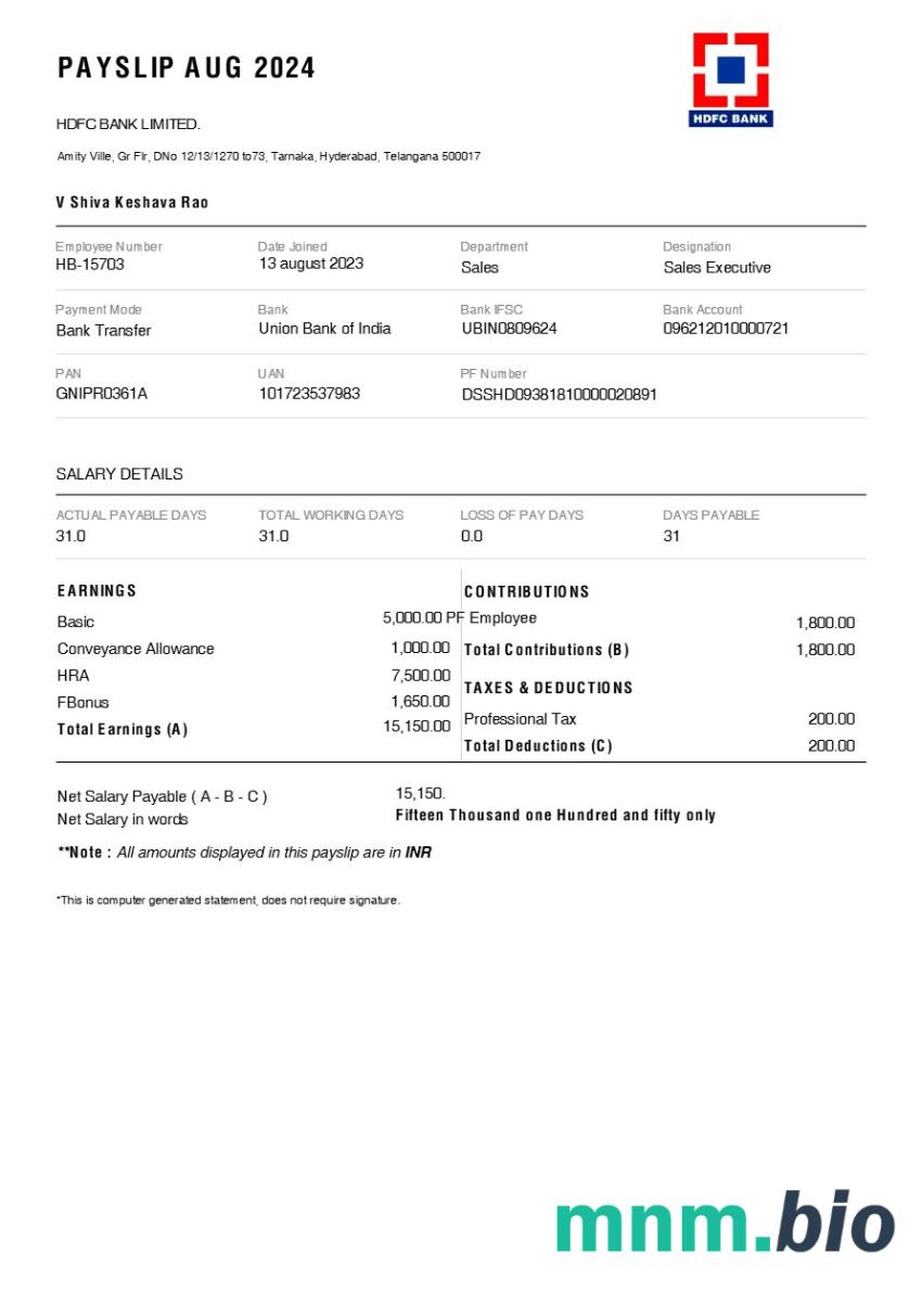 Szablon odcinka wypłaty Banku HDFC w formatach Word i PDF